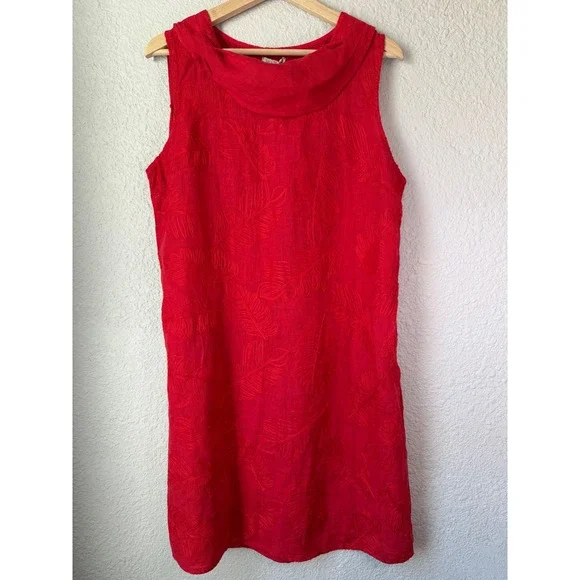 NWT Lina Tomei Red Linen Cowl Neck Shift Dress Made in Italy Size L - Picture 2 of 5